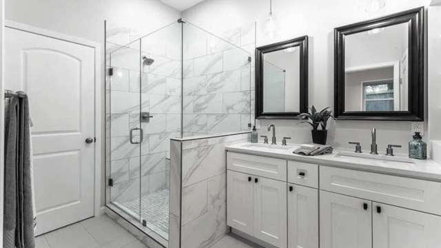 all white bathroom with shower glass