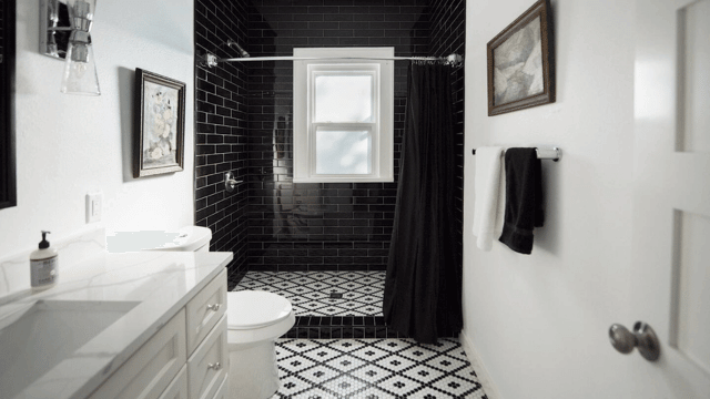 dark bathroom tile remodel